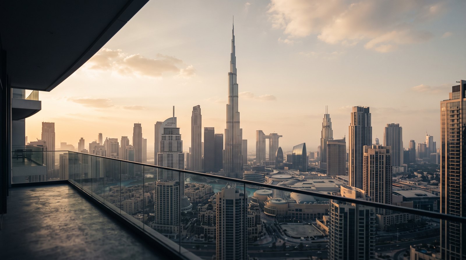 View of the Downtown Dubai skyline and Burj Khalifa at golden hour from a high-rise residential balcony